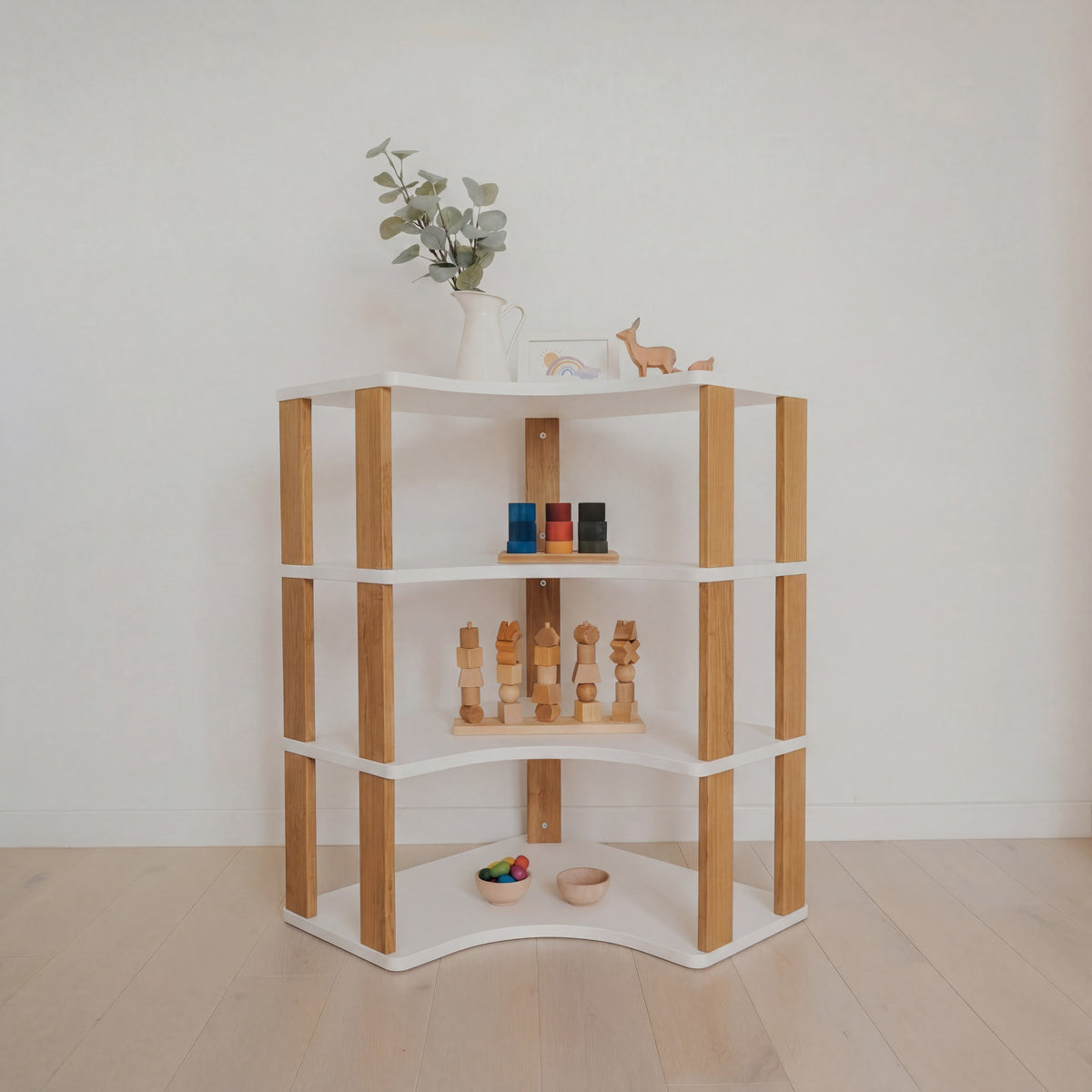 Modular Montessori Shelf Corner - 4 Shelves - White/brownish oil