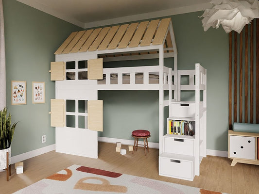 COTTAGE Raised House Bed with Full Roof and Storage Stairs – 90x200 cm