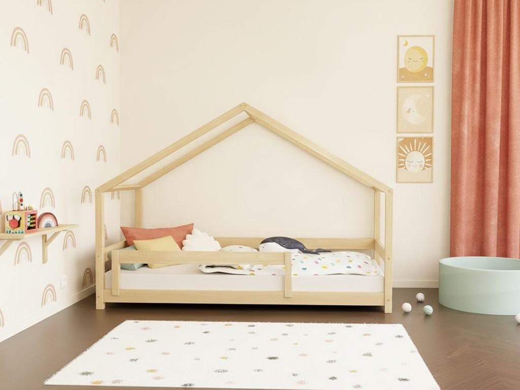 LUCKY House Bed with Front Roof and Safety Rail – 120–140 cm Wide