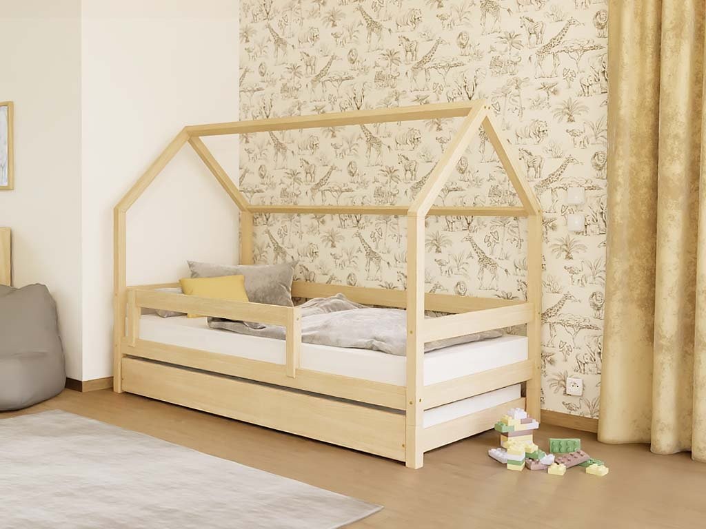 LUCKY House Bed with Side Roof and Front Safety Rail – 90 cm Wide