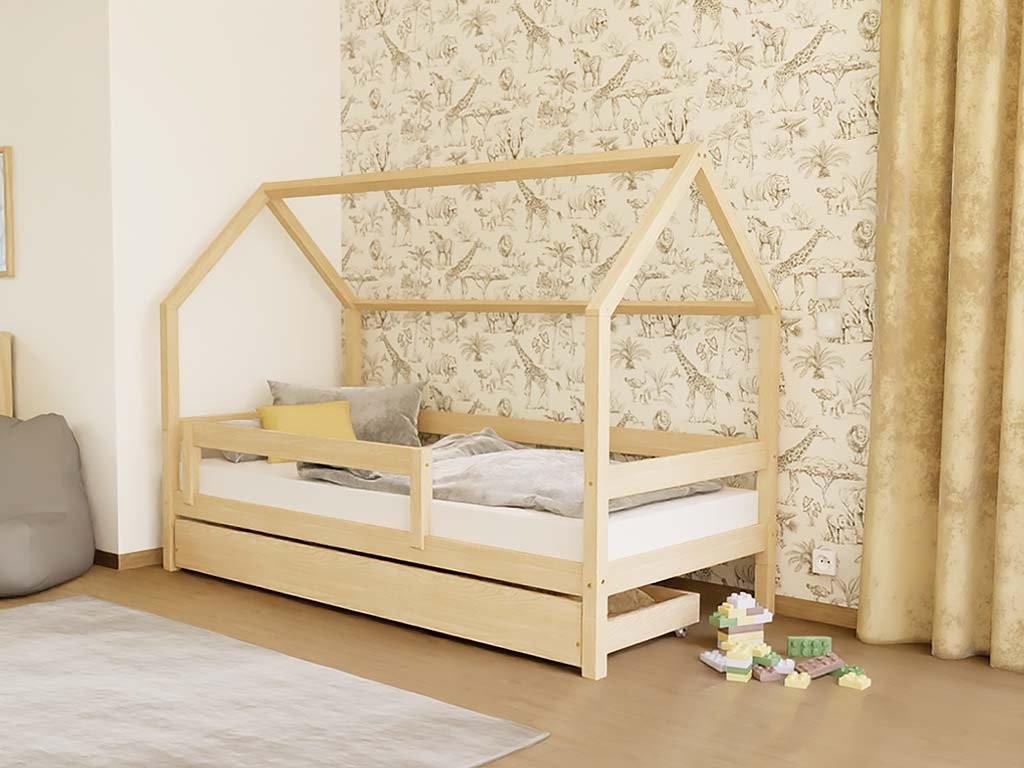 LUCKY House Bed with Side Roof and Front Safety Rail – 90 cm Wide