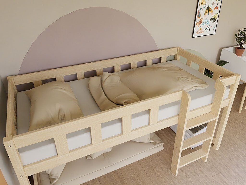 PLOTTY Low Loft Bed with Ladder – 90x200 cm