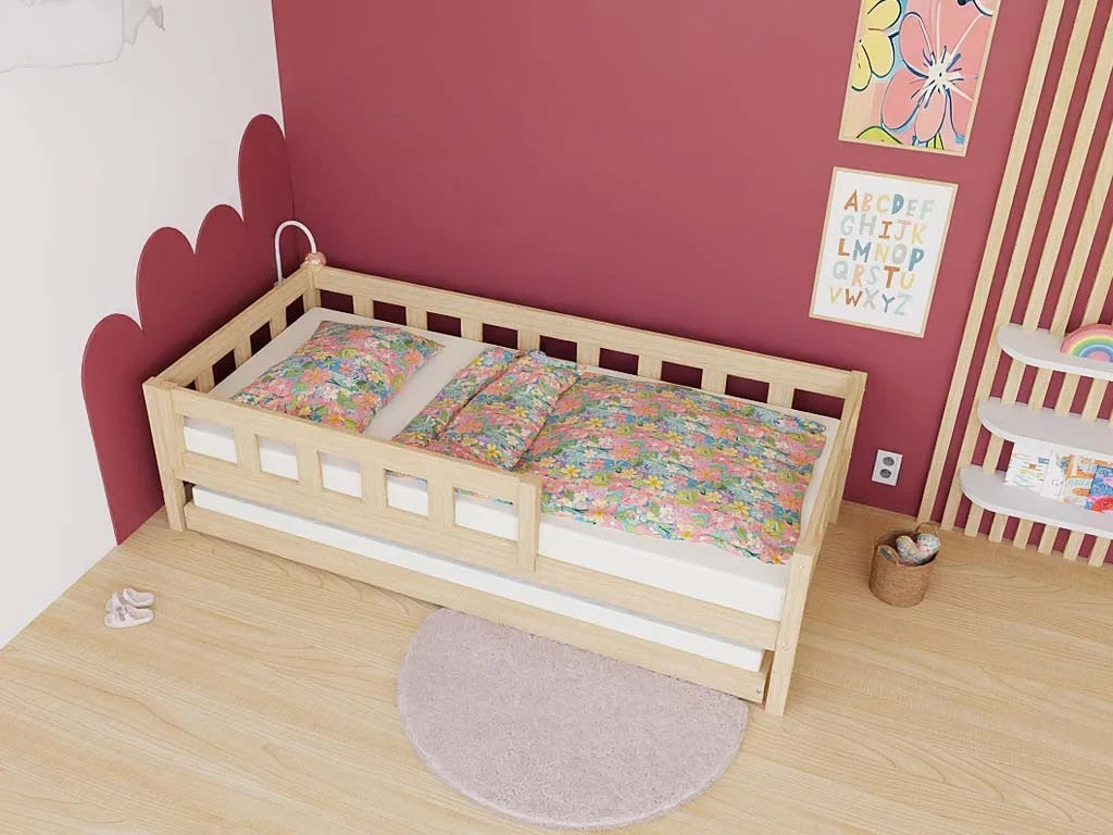 PLOTTY Single Bed with Front Safety Rail – 120–140 cm Wide