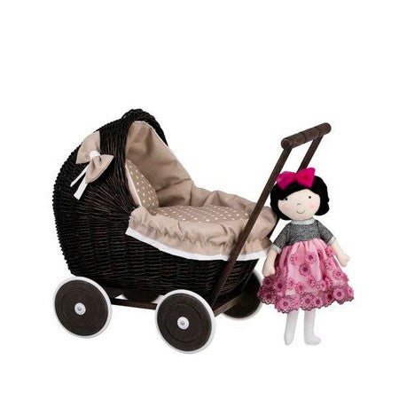 Dark Painted Wicker Doll Pram – Beige Bedding