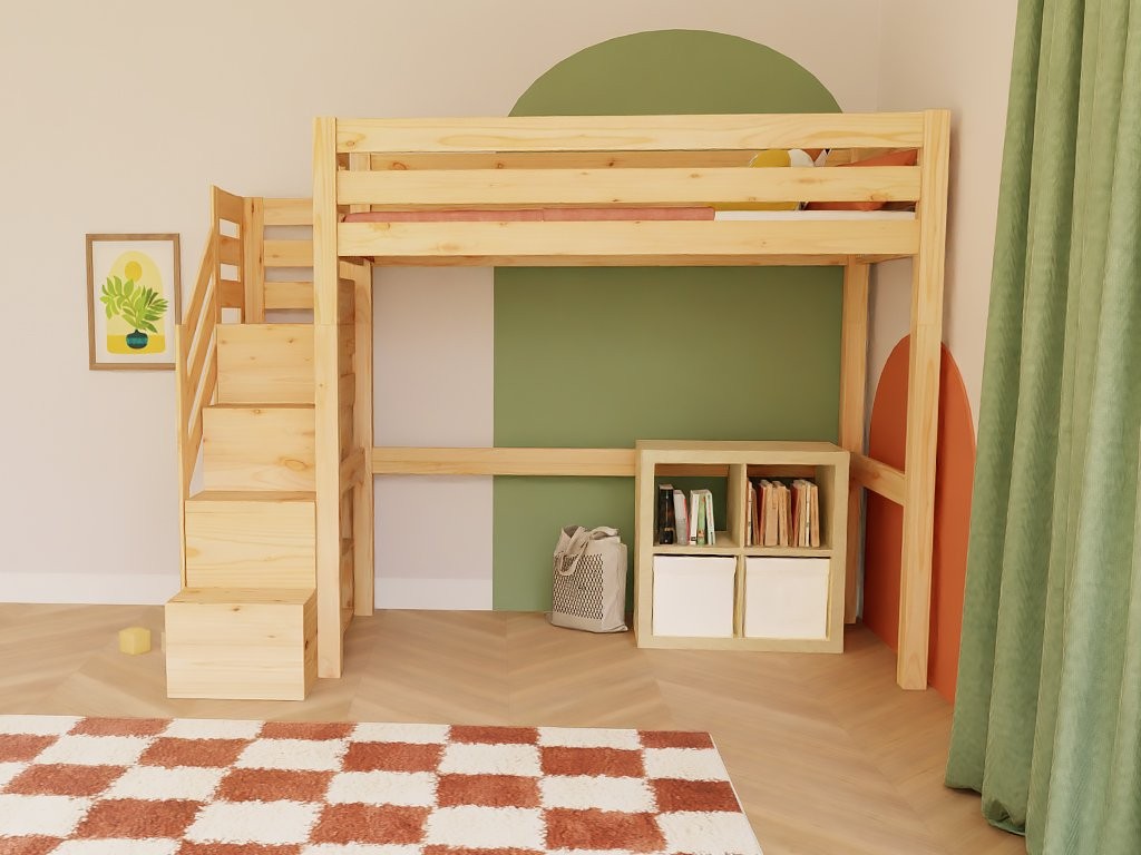 MAKALU Wooden Loft Bed with Storage Stairs – 90 × 200 cm