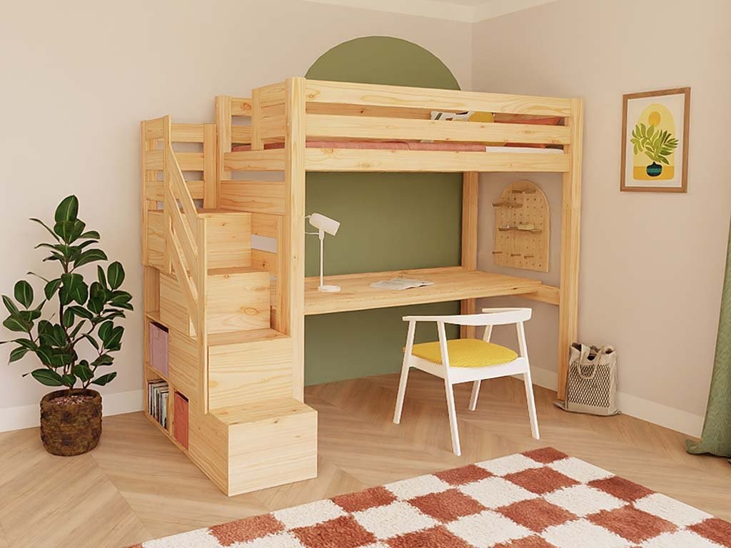 MAKALU Wooden Loft Bed with Storage Stairs and Desk – 90 × 200 cm