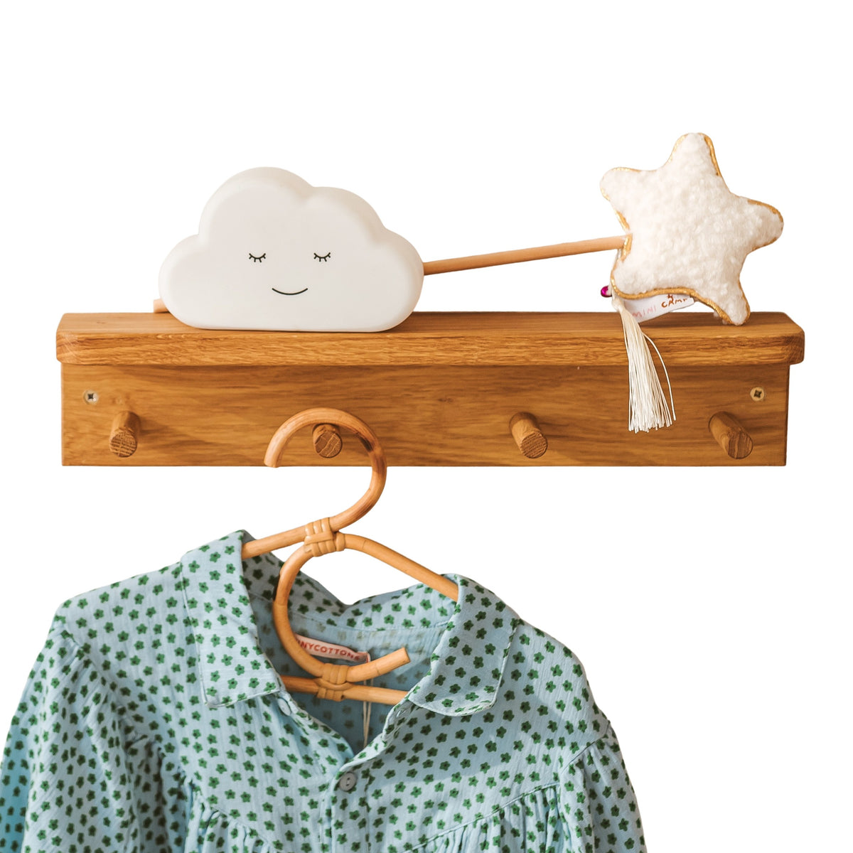 Solid Oak Wall Shelf with 4 Coat Hooks – 42 cm