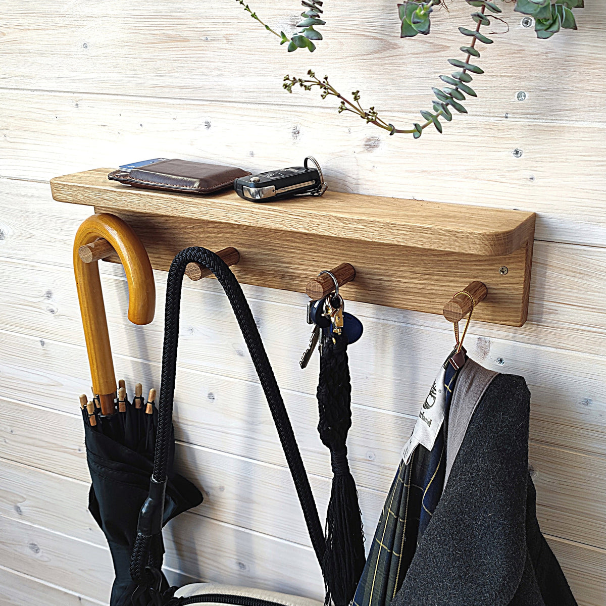 Solid Oak Wall Shelf with 4 Coat Hooks – 42 cm