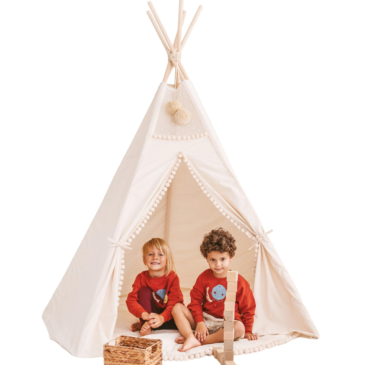 XL Indoor Teepee Tent with Pompoms – Ecru