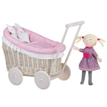 Whitewashed Wicker Doll Pram Luna – Pink Bedding