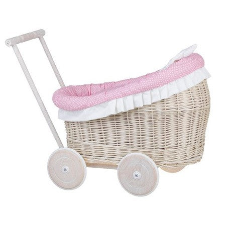 Whitewashed Wicker Doll Pram Luna – Pink Bedding