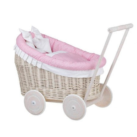 Whitewashed Wicker Doll Pram Luna – Pink Bedding