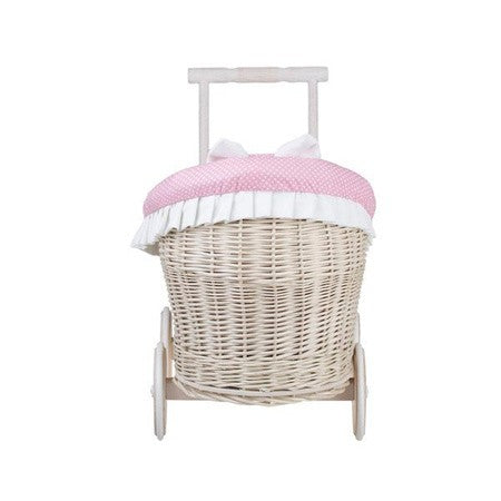 Whitewashed Wicker Doll Pram Luna – Pink Bedding
