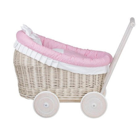 Whitewashed Wicker Doll Pram Luna – Pink Bedding